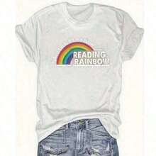 Women's Fitted T-Shirt With Y2K Print And Crew Neck - Plus Size - Red T-Shirt For Women - Rainbow Graphic Design T-Shirt For Reading And Books - Casual Everyday T-Shirt For Teachers And Book Lovers - Valentine's Day And Back-To-School Outfit - Soft Everyday T-Shirt, Teacher's Clothing, Fun Design, Comfortable Fit - Summer Festival Fashion, Heavyweight Cotton T-Shirt For Adults - 白色 - 查看 3