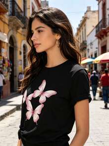 Limited Time Offer, Limited Quantities, Flash ! Women's Casual Shirt, Stylish Short-Sleeved Sports T-Shirt For Women, Adorned With Three Semi-Transparent Glitter Butterflies. - 黑色 - 查看 2