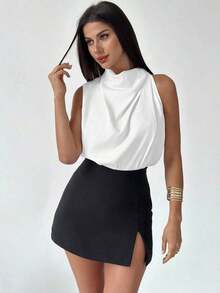 Blusa asimétrica plisada de color albaricoque, elegante y de moda para uso diario, oficina, vacaciones y festivales de música, primavera/verano - Blanco - Ver 5