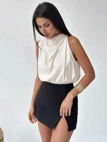 Blusa asimétrica plisada de color albaricoque, elegante y de moda para uso diario, oficina, vacaciones y festivales de música, primavera/verano - Albaricoque 2 - Ver 6