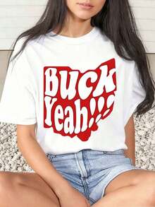 1 Piece Women's T-Shirt With Buck Yeah Ohio State Print, For Valentine's Day Or Everyday Wear, Round Neck, Short Sleeve, Soft And Comfortable, 220g/180g, 100% Cotton - 白色 - 查看 10