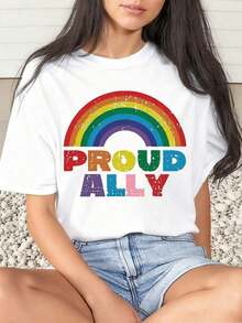 1 Piece Women's Rainbow T-Shirt Proud Ally Pride Month Everyday Wear Round Neck Short Sleeve Soft Comfortable 220g/180g 100% Cotton - 白色 - 查看 6