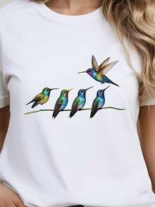 Women's T-Shirt With Colorful Hummingbird Print, Nature-Inspired Design, White, Casual, Summer, 2D Women's T-Shirt, Loose Casual Design, Slightly Stretched - 白色 - 查看 8