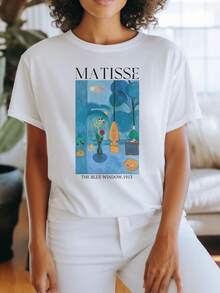Women's Short-Sleeved Artistic T-Shirt Featuring A Design Of "The Blue Window" By Matisse: Blue Window, Vase, Lamp And Object Of Pictorial Composition - 白色 - 查看 1