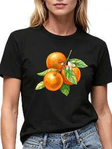 Camisetas de mujer de talla grande, estampado floral, camisetas casuales de cuello redondo, divertidas camisetas de manga corta. - Negro - Ver 8