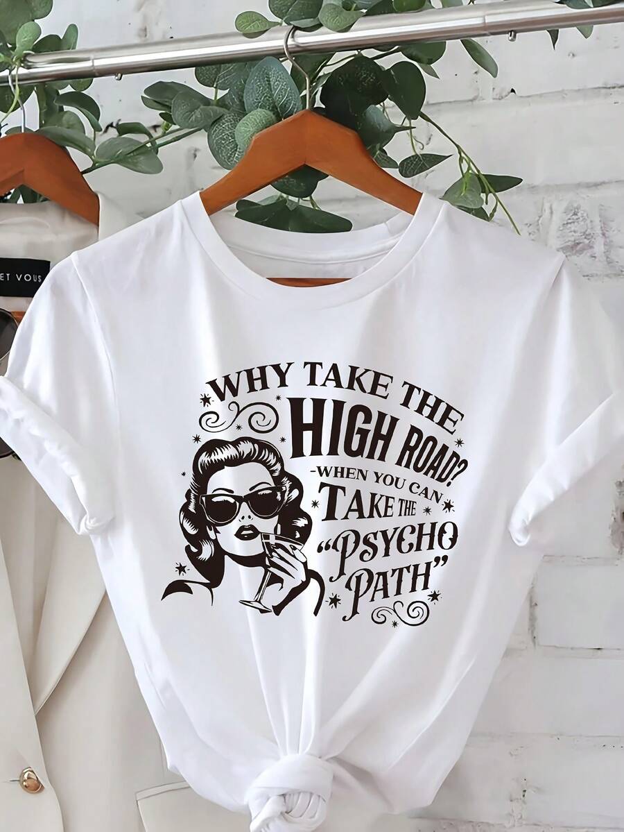 Funny T-Shirt For Women "Why Take The Straight Path When You Can Take The Psychotic Path?" - Crew Neck, Short Sleeve, Loose Fit, Ideal For Casual Wear And Themed Events | Summer T-Shirt With Original Humor - 白色 - 查看 1