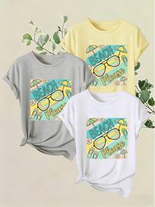 Women's T-Shirts, Women's T-Shirts, 1 Piece Set, Women's Short Sleeve T-Shirts, Short Sleeve T-Shirts With Round Neck And "Beach Please" Print, Casual Style For Spring And Summer Beach Vacation, Women's T-Shirt. - 1件黑色隨機圖案 - 查看 6