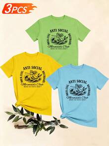 Women's T-Shirts, Women's T-Shirts, Casual Short Sleeve One Piece T-Shirt With Antisocial Mermaid Club Print, Fashion Top. - 1件白色隨機圖案 - 查看 6