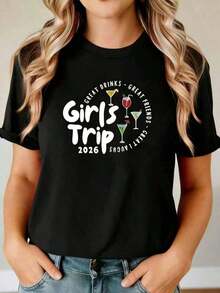 Women's Gift T-Shirt, "Friendship 2026" Travel And Cocktail Themed Circular Text Print, Short Sleeve Crew Neck T-Shirt, Eye-Catching, Sweet And Cool Design, Friendship Themed Style For Outings With Friends, Suitable For Holiday Parties, Soft And Soft - 黑色 - 查看 6