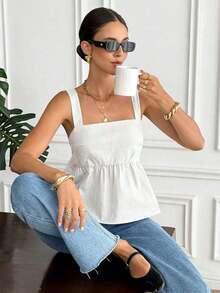 Camiseta de tirantes de algodón de unicolor casual para mujer - Blanco - Ver 3