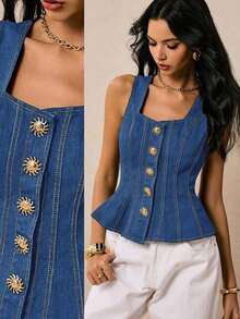 Nuevas blusas de mezclilla para mujer con cuello cuadrado, tirantes, decoración de hebilla metálica, volantes en la cintura y bajo, para otoño.Blusas de mezclilla azul oscuro, elegantes y de estilo francés para uso diario y viajes.Blusas verdes - Azul lavado medio - Ver 1