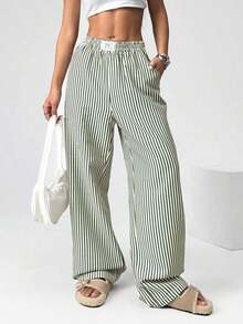 Pantalones casuales de pierna ancha de rayas marrones tejidos para mujeres - Verde - Ver 4