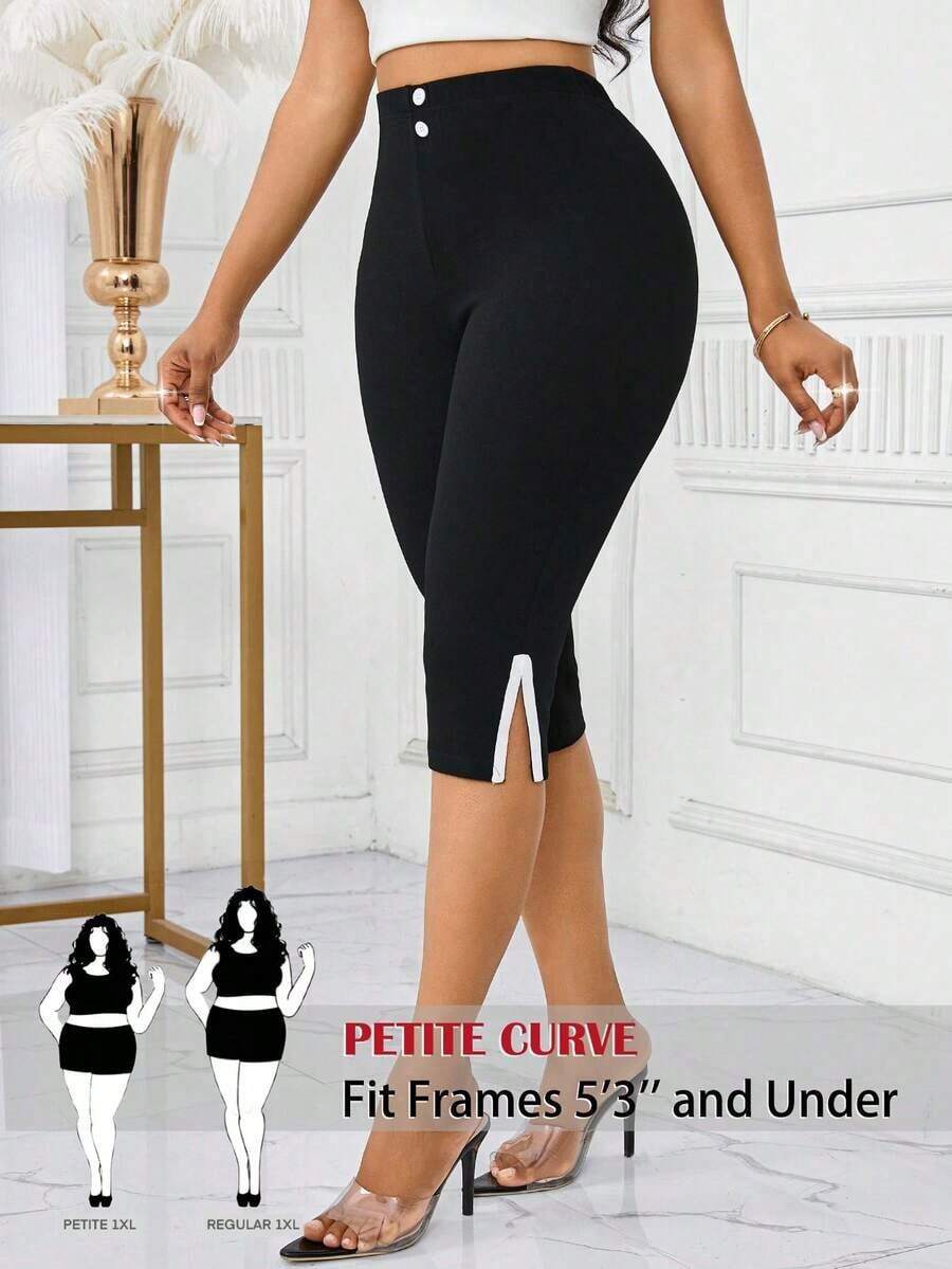Leggings básicos de color liso para mujer de talla grande, apropiados para shorts de verano hasta la mitad del muslo, adecuados para personas de estatura talla grande baja, leggings de cintura alta, para uso diario, ocio, deportes, vera - Negro 3 - Ver 1