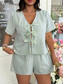 piezas de blusa y shorts con estampado floral para mujer de talla grande - Verde - Ver 7