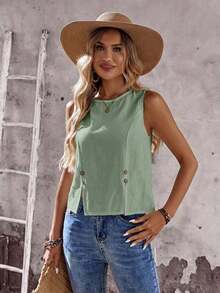 Camisa sin mangas de unicolor con diseño de botones para mujer - Verde - Ver 7