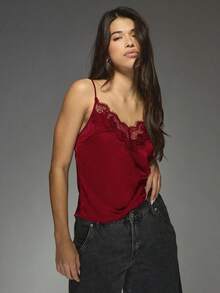 Top de satén con escote en V, tirantes finos, estilo elegante de camiseta, para primavera y verano - Burdeos - Ver 8