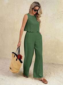 Conjunto informal de 2 piezas con top de cuello redondo y lazo en la espalda, y pantalones de cintura elástica de unicolor para mujer - Verde - Ver 7