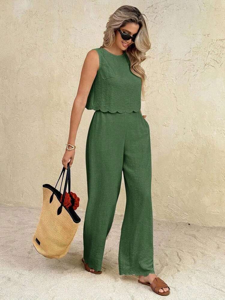 Conjunto informal de 2 piezas con top de cuello redondo y lazo en la espalda, y pantalones de cintura elástica de unicolor para mujer - Verde - Añade 7