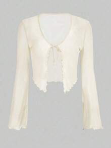 Top de malla con mangas acampanadas, abertura frontal con nudo, y ribete de lechuga.Top casual de mujer de ajuste regular, con cuello en V, mangas acampanadas con volante, y efecto colorblock en negro.Prenda de mujer sencilla para primavera/o - Beis - Ver 1