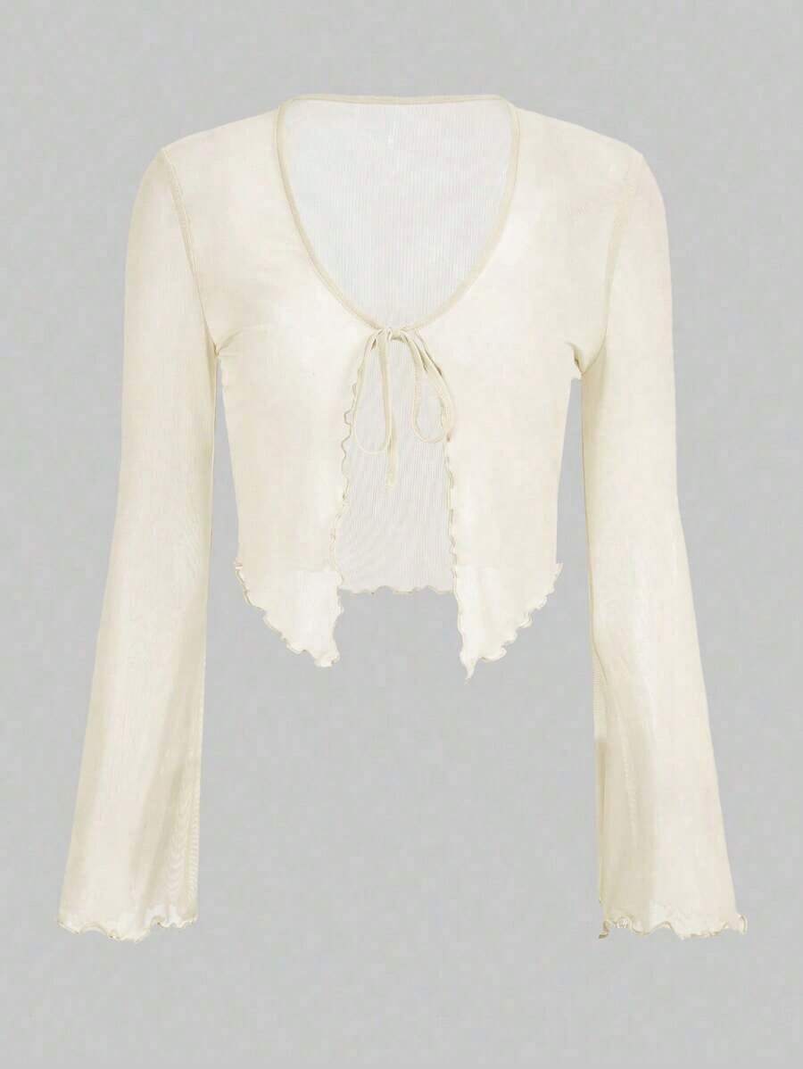 Top de malla con mangas acampanadas, abertura frontal con nudo, y ribete de lechuga.Top casual de mujer de ajuste regular, con cuello en V, mangas acampanadas con volante, y efecto colorblock en negro.Prenda de mujer sencilla para primavera/o - Beis - Ver 1
