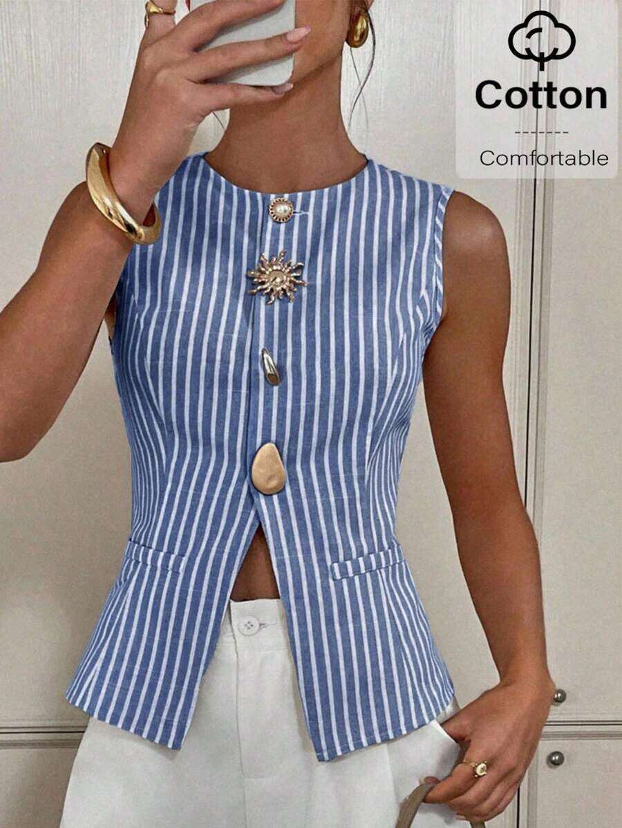 Top de tirantes con botones frontales a rayas, de estilo casual y para ir al trabajo, para mujer, para el verano - Azul y blanco - Ver 1