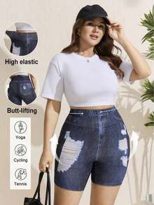 Pantalones cortos deportivos de cintura alta básicos y casuales para mujer de talla grande en color negro, con bolsillo, adecuados para entrenamiento de verano y ropa deportiva - Azul - Ver 11