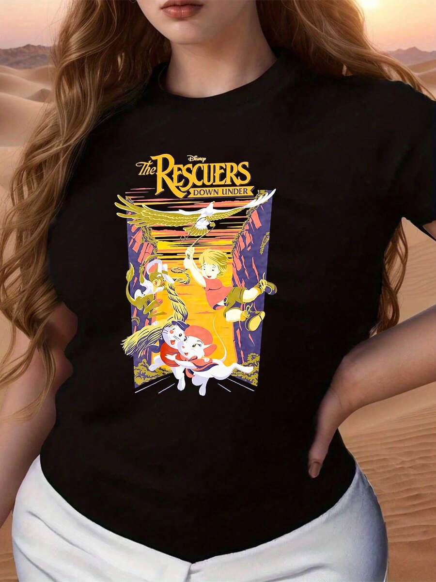 Vibrant Artwork Depicting An Adventurous Scene With Brave Characters And A Majestic Eagle Over A Colorful Landscape, Conveying Hope And Friendship In Every Detail. Comfortable And Youthful Women's T-Shirt For Everyday Wear. - 黑色 - 查看 1