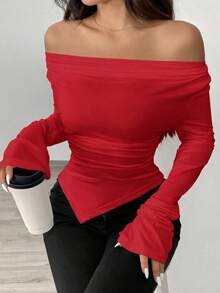 Women's Winter Sweater With A Plunging Neckline, Can Be Worn With An Asymmetrical Collar, Asymmetrical Hem, Knitted Top. - 紅色 - 查看 5