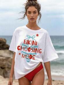 Camiseta Blanca Casual Premium para Mujer con Estampado 'Bikini Choosing Mode', Cuello Redondo, Hombros Caídos, Manga Corta, Tela de Elasticidad Media, Ecológica - Blanco - Ver 7