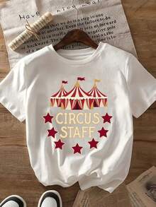 T-Shirt With A 'CIRCUS STAFF' Band Print And A Circus-Themed Tent And Stars. | Unisex, Comfortable Fabric, Casual Wear, Ideal Gift For Circus Enthusiasts, Geometric Pattern, Round Neck, Regular Sleeves, Circus T-Shirt, Matching Family Sets, Great For Parties And Family Holidays, Everyday Wear, Summer Outfit, Outdoor Playwear Or Holiday Wear, Warm Weather Clothing, Perfect For Everyday Wear And Gifts. - 白色 - 查看 7