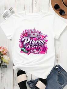 1 Piece Of Women's Round Neck T-Shirt With Pisces Queen Crown Print And Pink Gems, Short Sleeve, Casual Wear For Daily Outfits And Zodiac Fashion, 180g, 100% Cotton. - 黑色 - 查看 8