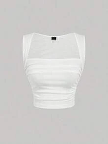 Conjunto de 4 piezas de top de tirantes ajustado y fruncido de cuello cuadrado de varios colores para mujer.Top corto sin mangas en negro, burdeos, marrón y blanco.Elegante y romántico para vacaciones, fiestas, ceremonias, playa, salidas casua - Multicolor 5 - Ver 6