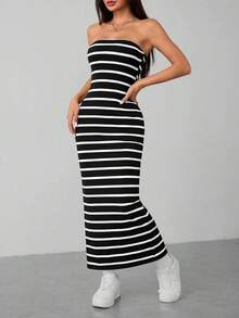 Vestido de mujer con rayas tejidas y top tubular - Blanco y Negro - Ver 7