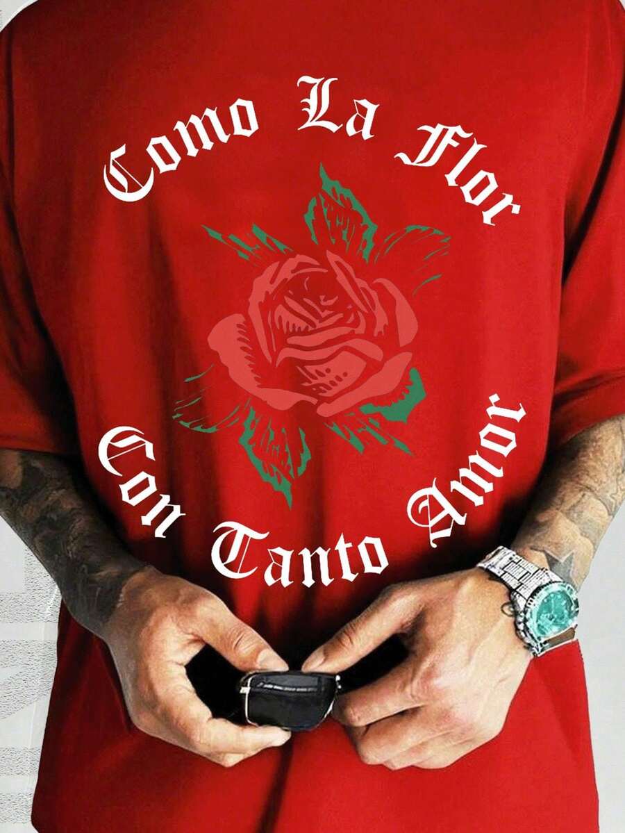 Y2K Like The Flower With 100% Pure ONE LOVE Men's T-Shirt Men's And Women's Universal Summer Solid Color Simple Loose Round Neck Casual Festival Gift - 紅色 - 查看 1