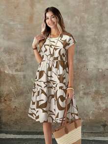 Vestido corto con cuello redondo y manga corta de estampado geométrico, casual para mujer, adecuado para primavera/verano - Marrón - Ver 3