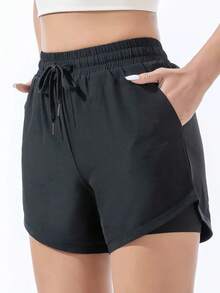 Pantalones cortos deportivos sueltos de cintura alta para mujer, pantalones deportivos antideslumbrantes de doble capa para yoga, correr, ropa de abrigo de entrenamiento de secado rápido - Rosa - Ver 4