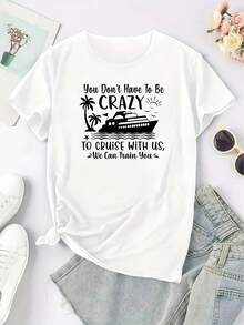 Camiseta casual de manga corta con cuello redondo para mujer, con estampado de barco de crucero y palmera, top deportivo a la moda, estilo vacacional. - Blanco - Ver 6