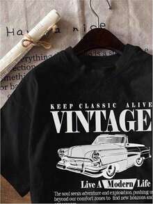 100% cotton Camisetas de Mujer con Diseño de Coche Vintage de Artsadd, Camisetas Casuales de Talla Grande, Camisetas Holgadas de Manga Corta - Negro - Ver 2