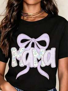 T-Shirt With "Mom" Bow In A Pink Floral Design, Casual Gift For Mom - Negro 3 - View 6