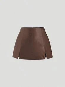 Falda mini casual de fiesta con abertura y corte en A de ante color Maillard para mujer, para otoño/invierno - Marrón 2 - Ver 6