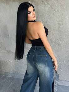 Top corto de color rojo sexy de cuello de escote amplio y sin mangas con estilo sencillo Y2K para mujer - Negro - Ver 2