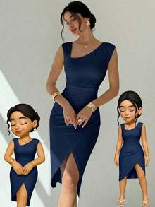 Vestidos midi para mujer, modestos, ropa de mujer para otoño, casual de negocios, estilo de mujer de dinero antiguo, atuendos de campo para mujer, blusas para salir para mujer, atuendo de viaje para el aeropuerto, de vuelta a la escuela, vestidos - Azul marino - Ver 3