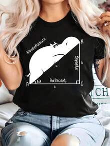 Funny Hippo Math Equation Pattern Women's T-Shirt - Loose Fit, Short Sleeve, Y=X Hippo Design, Casual Gift For S Fans - 黑色 - 查看 6