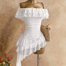 Spring & Summer Vacation Knit Mesh Strapless Fitted Tiered Ruffle Asymmetric Hem Dress, Suitable For Garden Party, Tea Party, Flower Arranging, Date, Bohemian, Boho, Vacation,Summer Dresses For Women - Blanco - Ver 10