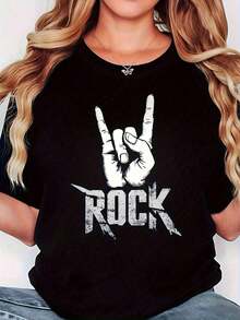 Women's ROCK Graphic T-Shirt, Casual Black Short Sleeve T-Shirt With White Rock Hand Gesture Print, Crew Neck, Lightweight And Breathable For Spring/Summer, Music Festivals And Casual Outings, Festival Wear, Bold Graphic T-Shirt, Comfortable Fit, 100% Cotton - 黑色 - 查看 9