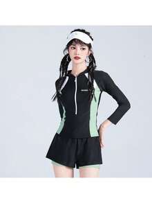 Swimsuit female split bath hot spring explosion advanced sense conservative surfing summer long sleeve sun protection swimsuit student - 黒と緑 - チェックする 7