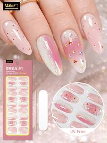 16 piezas de pegatinas de gel para uñas con degradado de melocotón y brillo, rosa nude suave con destellos plateados dispersos y rhinestones, transparente y vibrante con un toque juvenil. Fórmula de gel delgada que se adhiere de cerca a la curva de la uña, duradera y de larga duración después del curado LED. Fácil aplicación para principiantes para crear un aspecto de manicura delicado y dulce - Multicolor - Ver 1