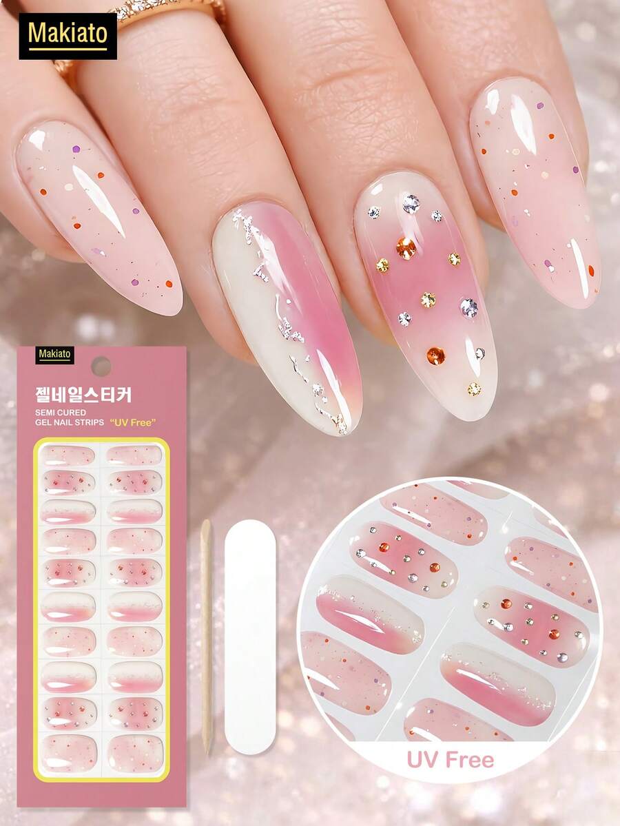 16 piezas de pegatinas de gel para uñas con degradado de melocotón y brillo, rosa nude suave con destellos plateados dispersos y rhinestones, transparente y vibrante con un toque juvenil. Fórmula de gel delgada que se adhiere de cerca a la curva de la uña, duradera y de larga duración después del curado LED. Fácil aplicación para principiantes para crear un aspecto de manicura delicado y dulce - Multicolor - Ver 1