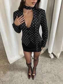 Chaqueta blazer de mujer con elegante estampado de lunares, adecuada para ir al trabajo - Negro - Ver 6