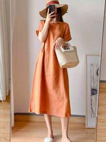 Vestido de mujer de unicolor de longitud media, de manga corta, minimalista y de moda, adecuado para la primavera/verano elegante - Naranja - Ver 4
